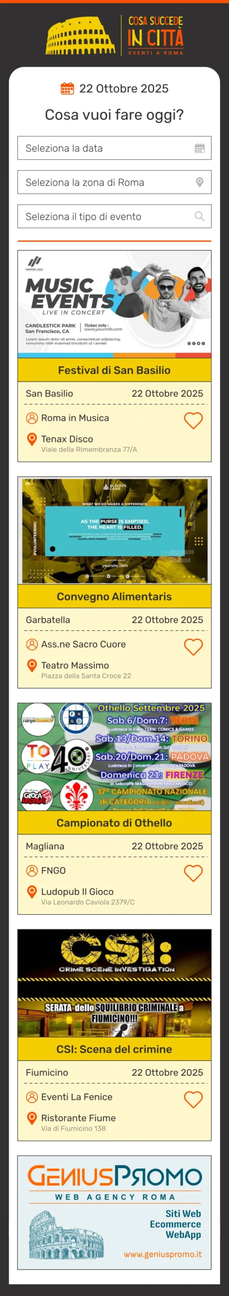 Contenuto scorrevole della web app Cosa succede in città